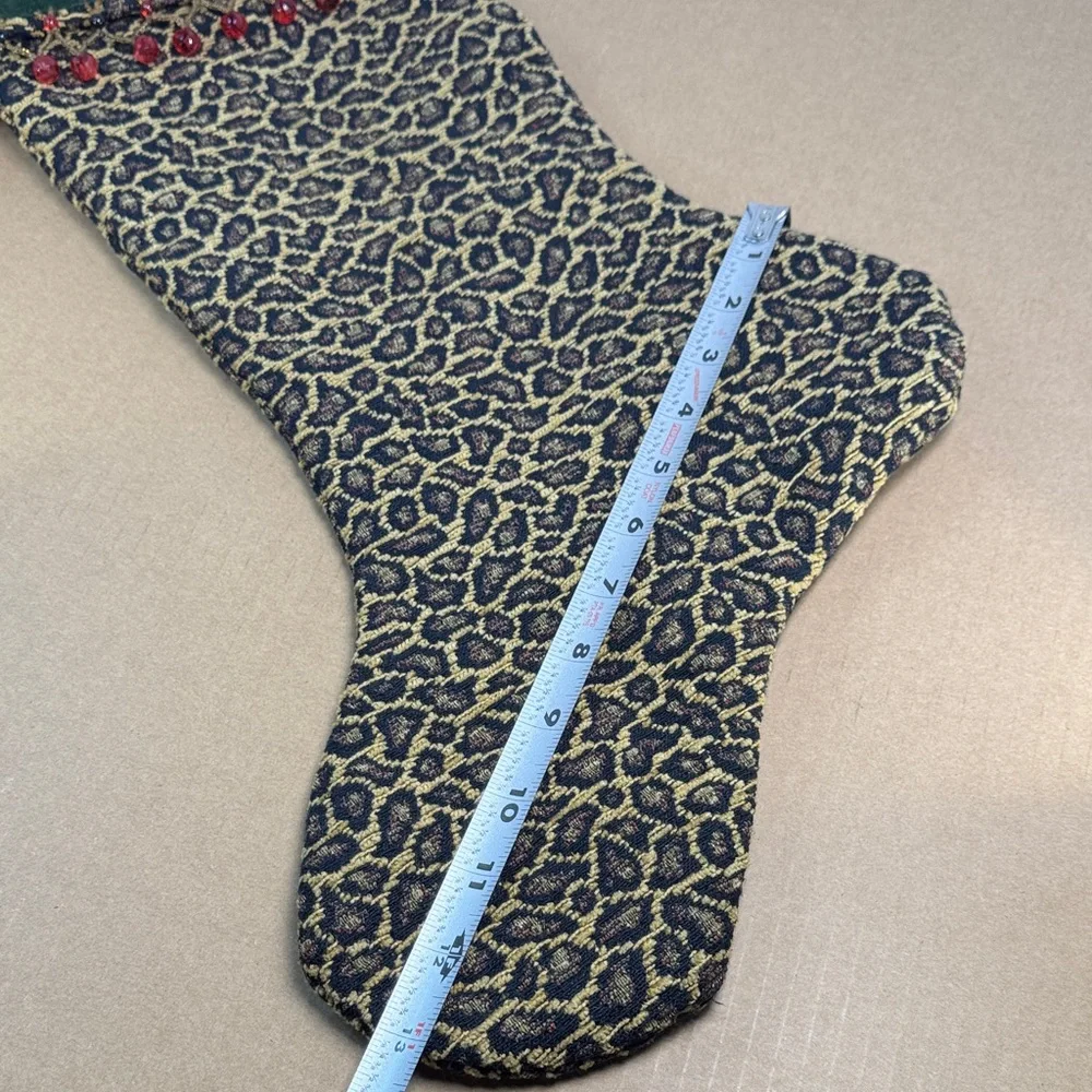 Pair of Swanky Tapestry Christmas Stockings Leopard Checkered Print Velvet Beads